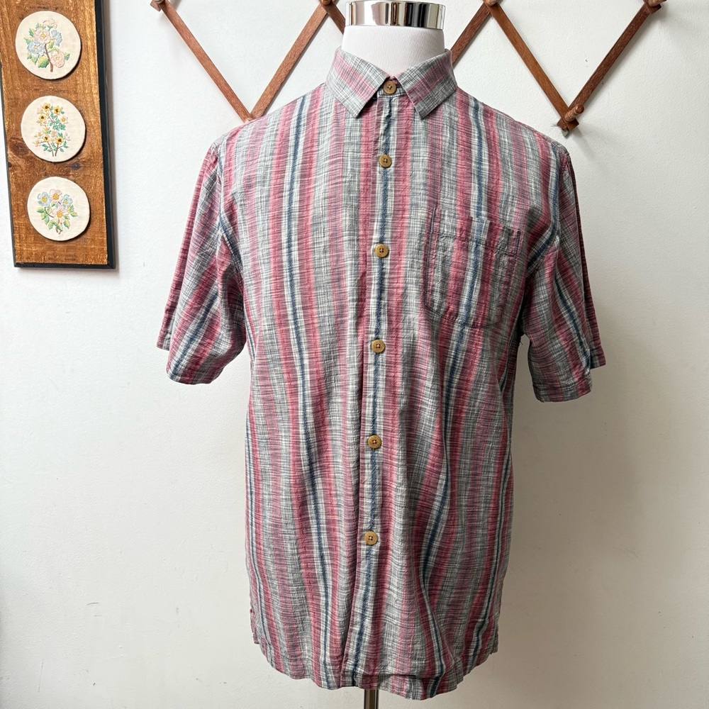 Tommy Bahama Silk Blend Striped Short Sleeve Button Up Shirt